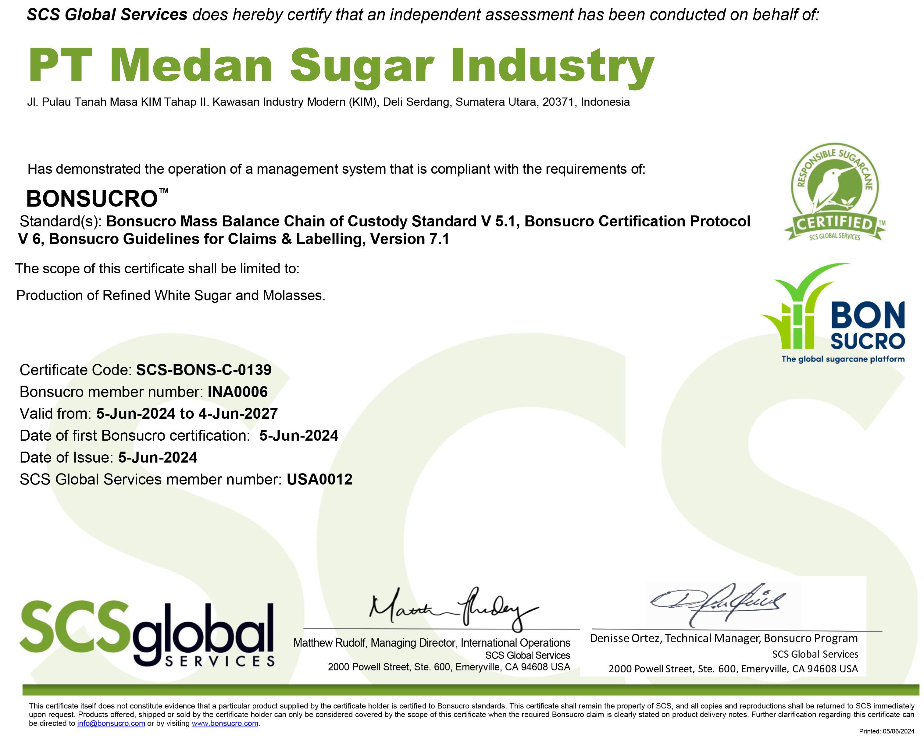 Sertifikat Bonsucro - PT Medan Sugar Industry