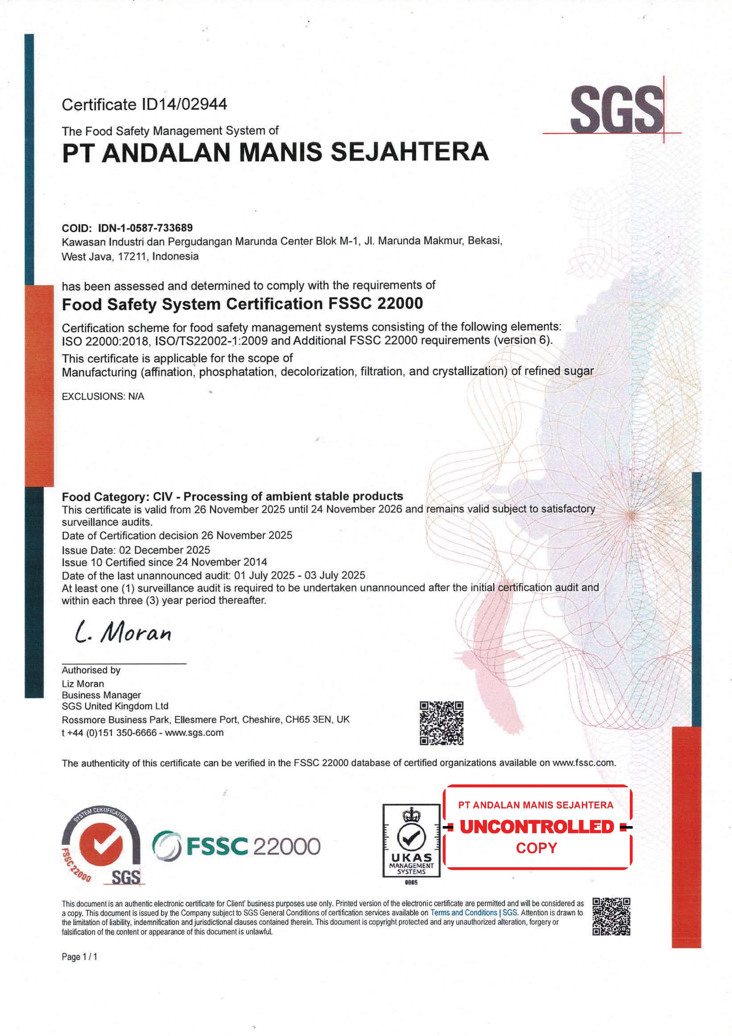 Sertifikat FSSC 22000 - PT Andalan Manis Sejahtera