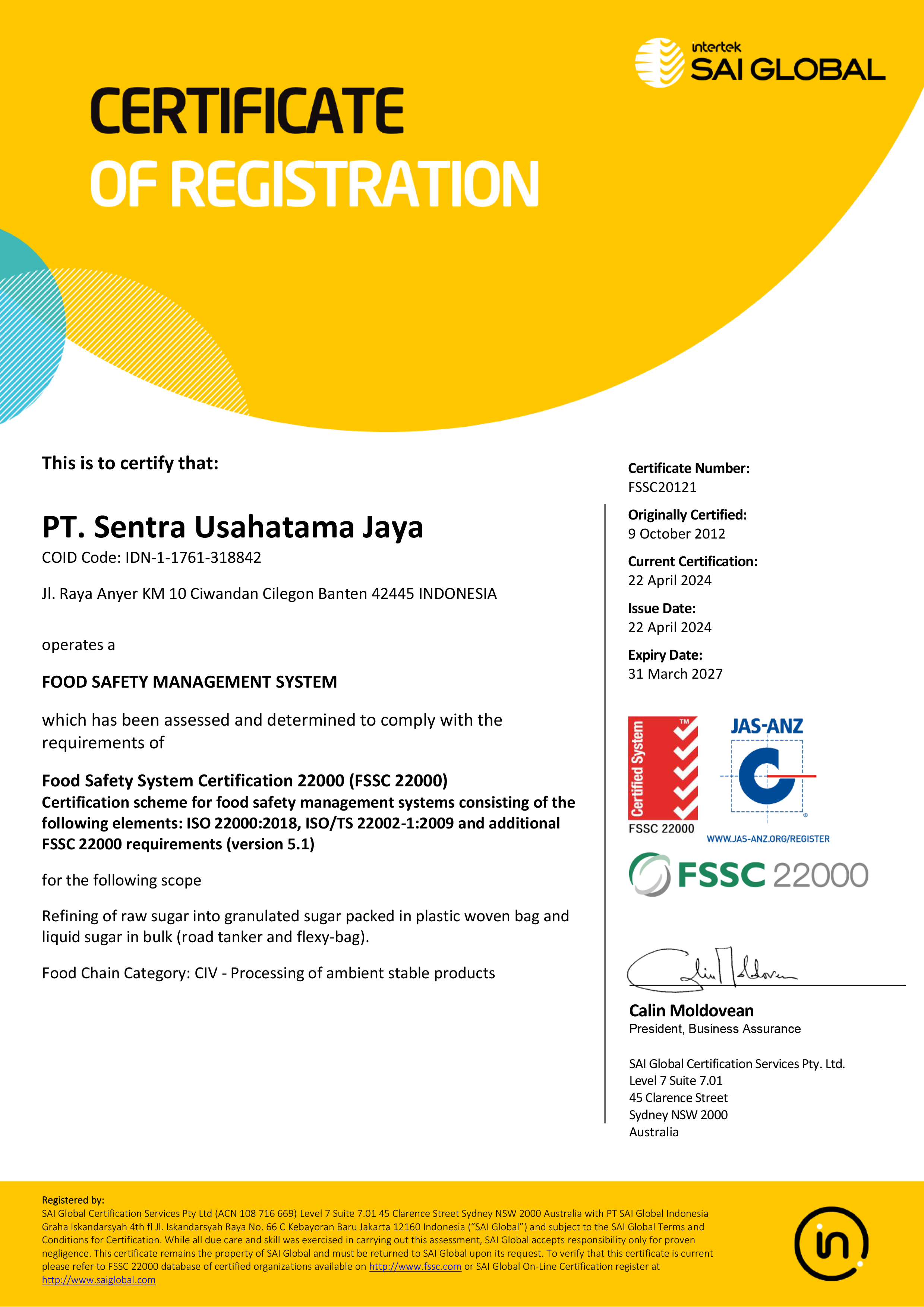 Sertifikat FoodSafety SAI-Global - PT Sentra Usahatama Jaya