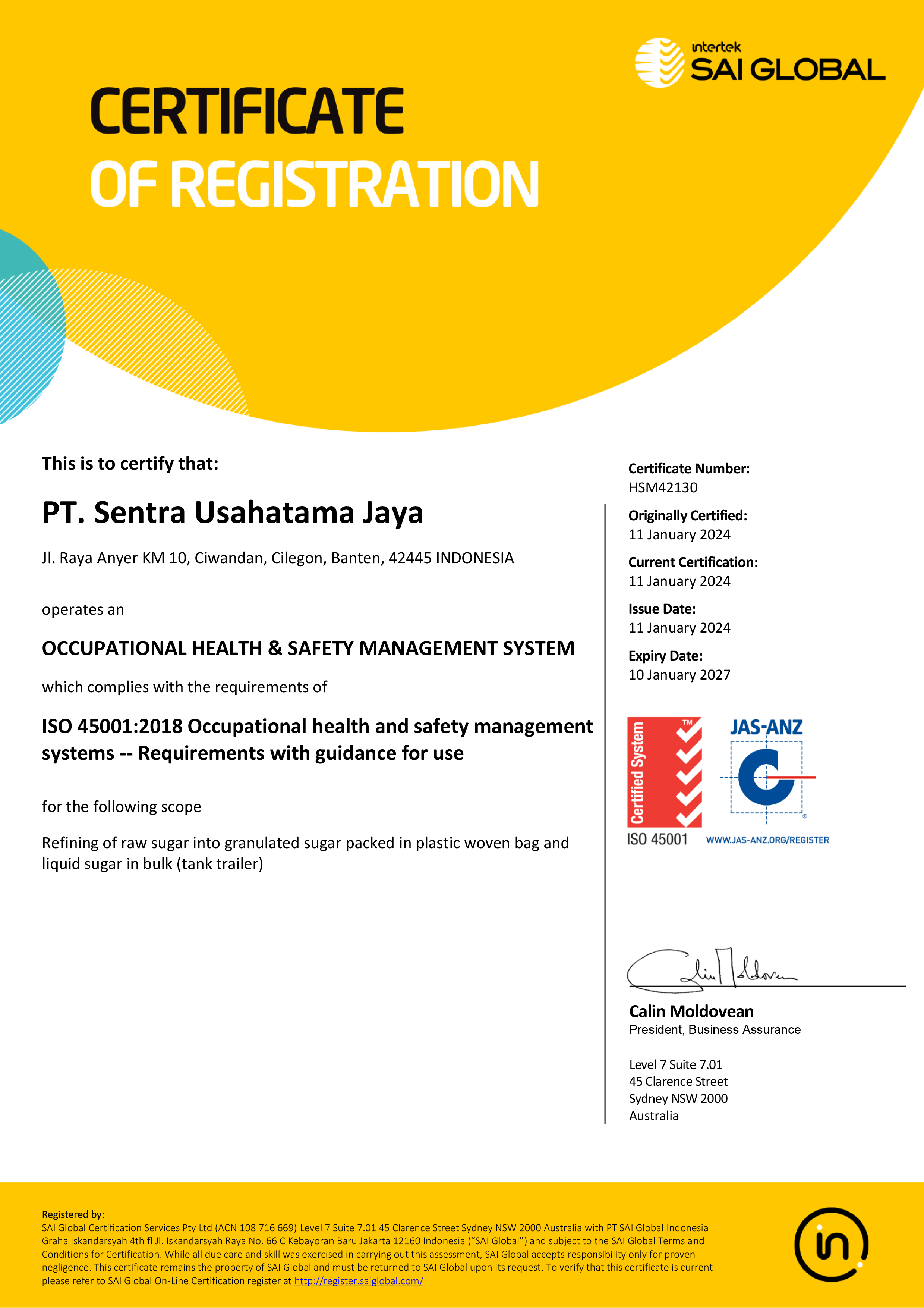 Sertifikat ISO45001 SAI-Global 2018 - PT Sentra Usahatama Jaya