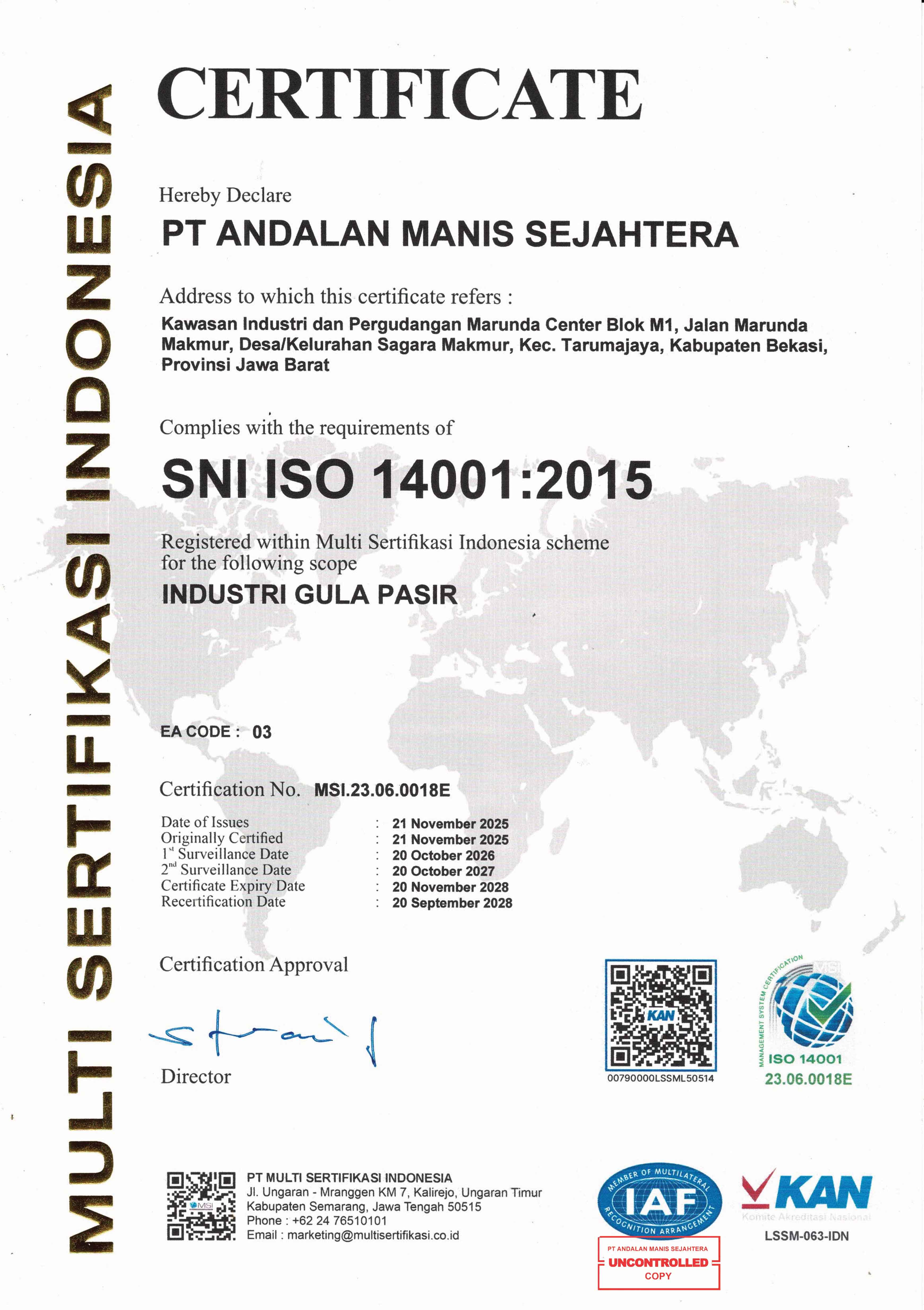 Sertifikat ISO 14001- PT Andalan Manis Sejahtera