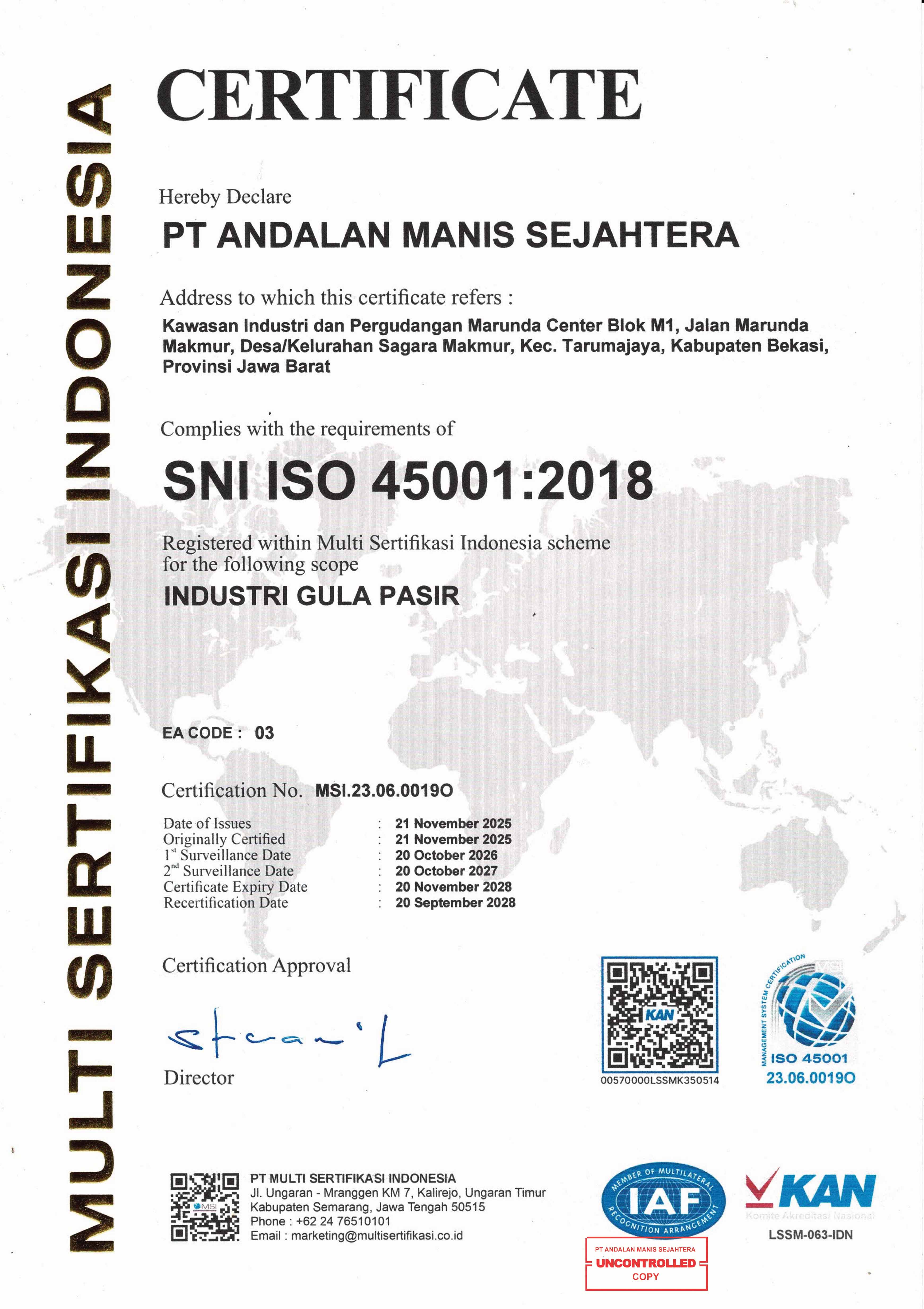 Sertifikat ISO 45001- PT Andalan Manis Sejahtera