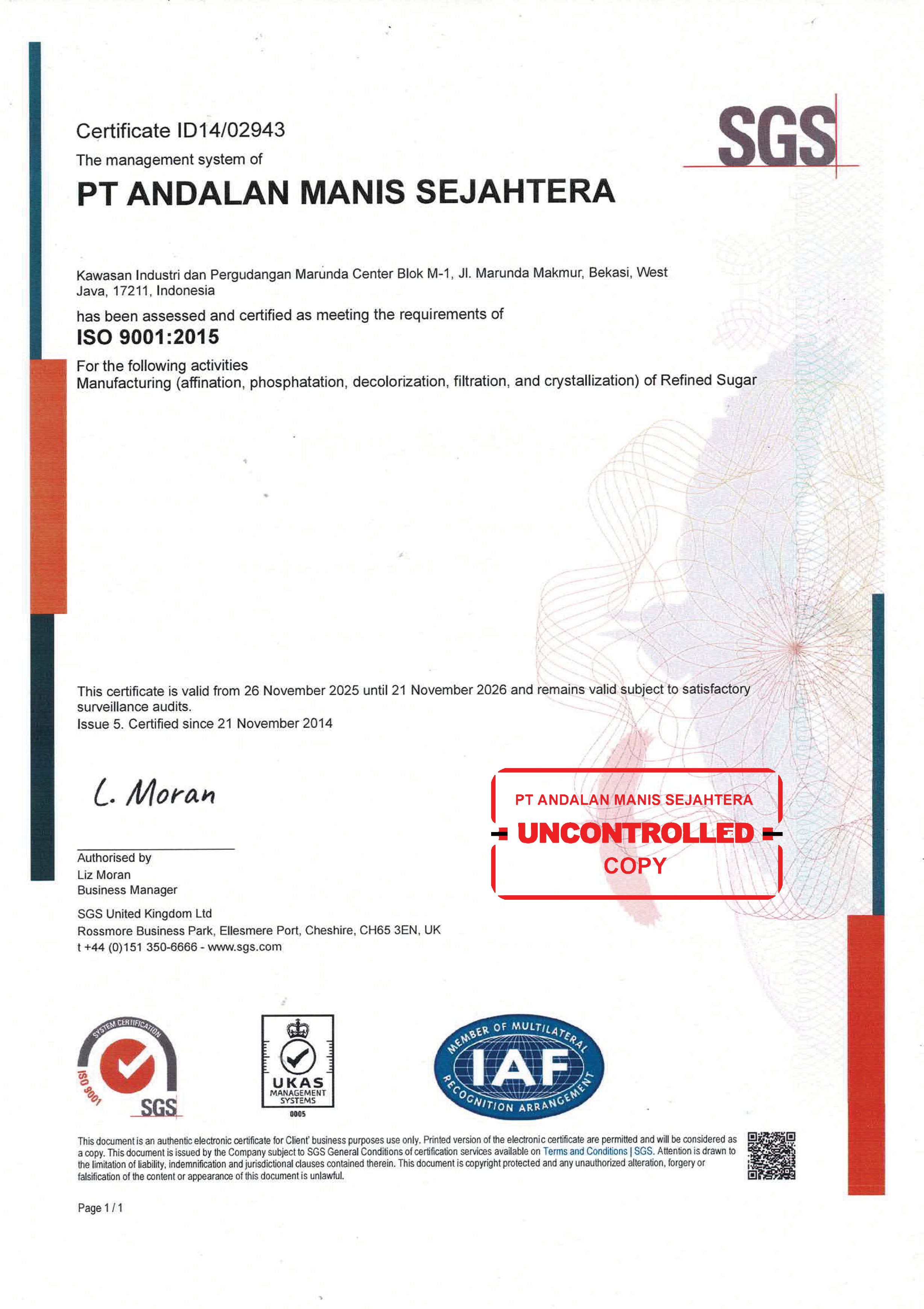 Sertifikat ISO 9001- PT Andalan Manis Sejahtera