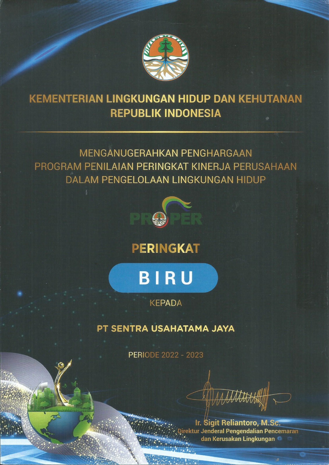 Sertifikat KLHK Propper Biru 2022 - PT Sentra Usahatama Jaya