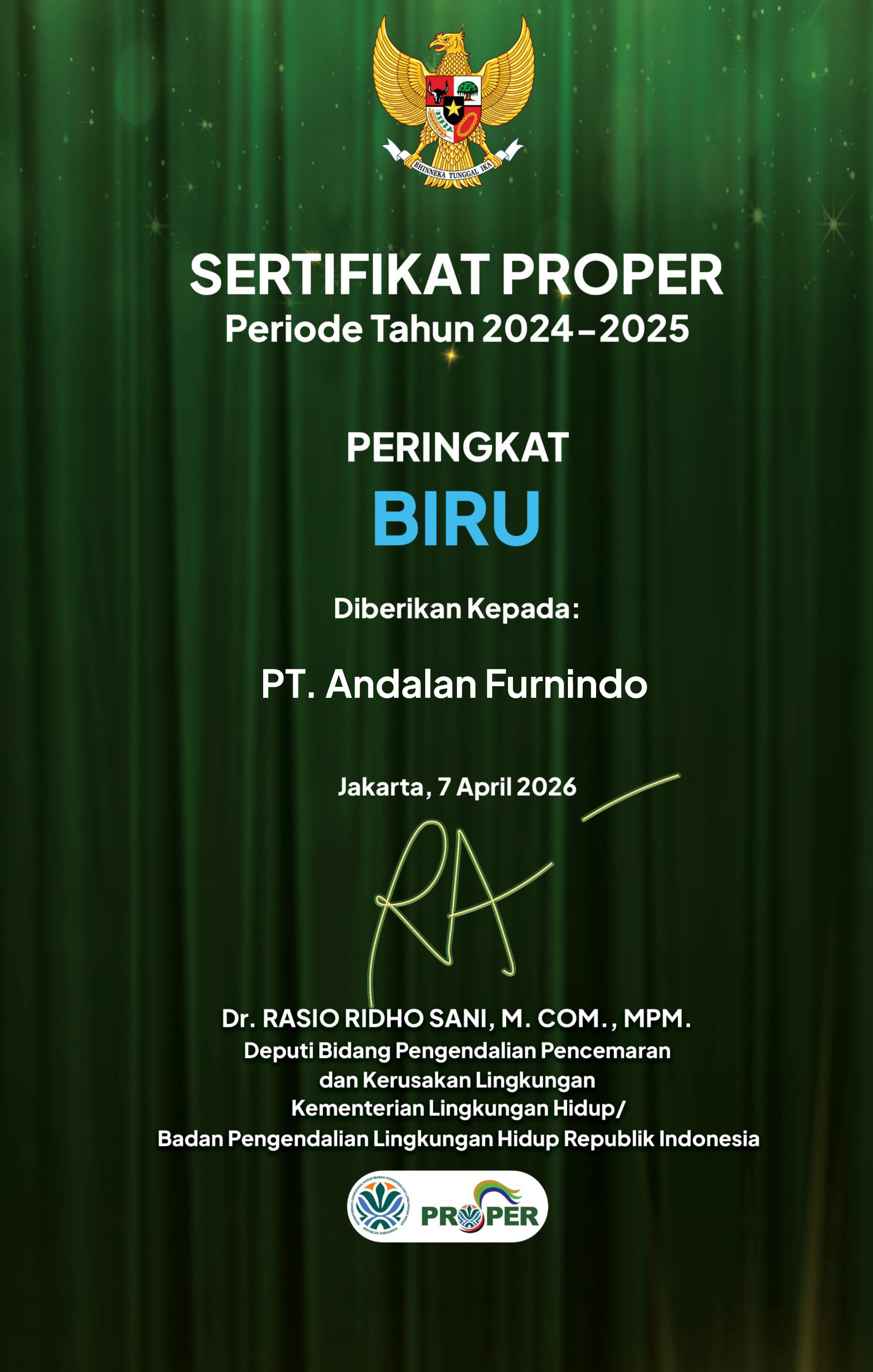 Sertifikat Proper Biru - PT Andalan Manis Sejahtera
