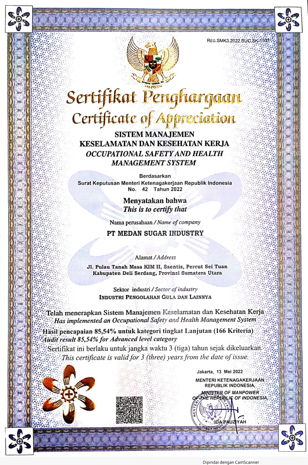 Sertifikat SMK3 - PT Medan Sugar Industry