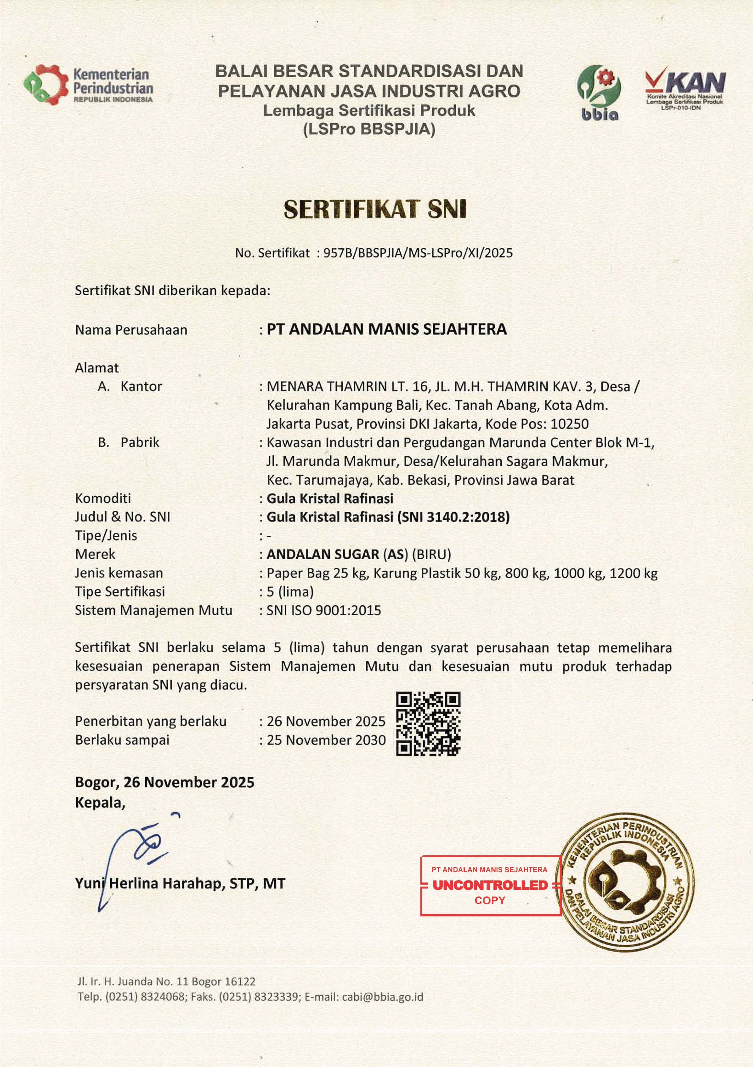Sertifikat SNI GKR Biru - PT Andalan Manis Sejahtera