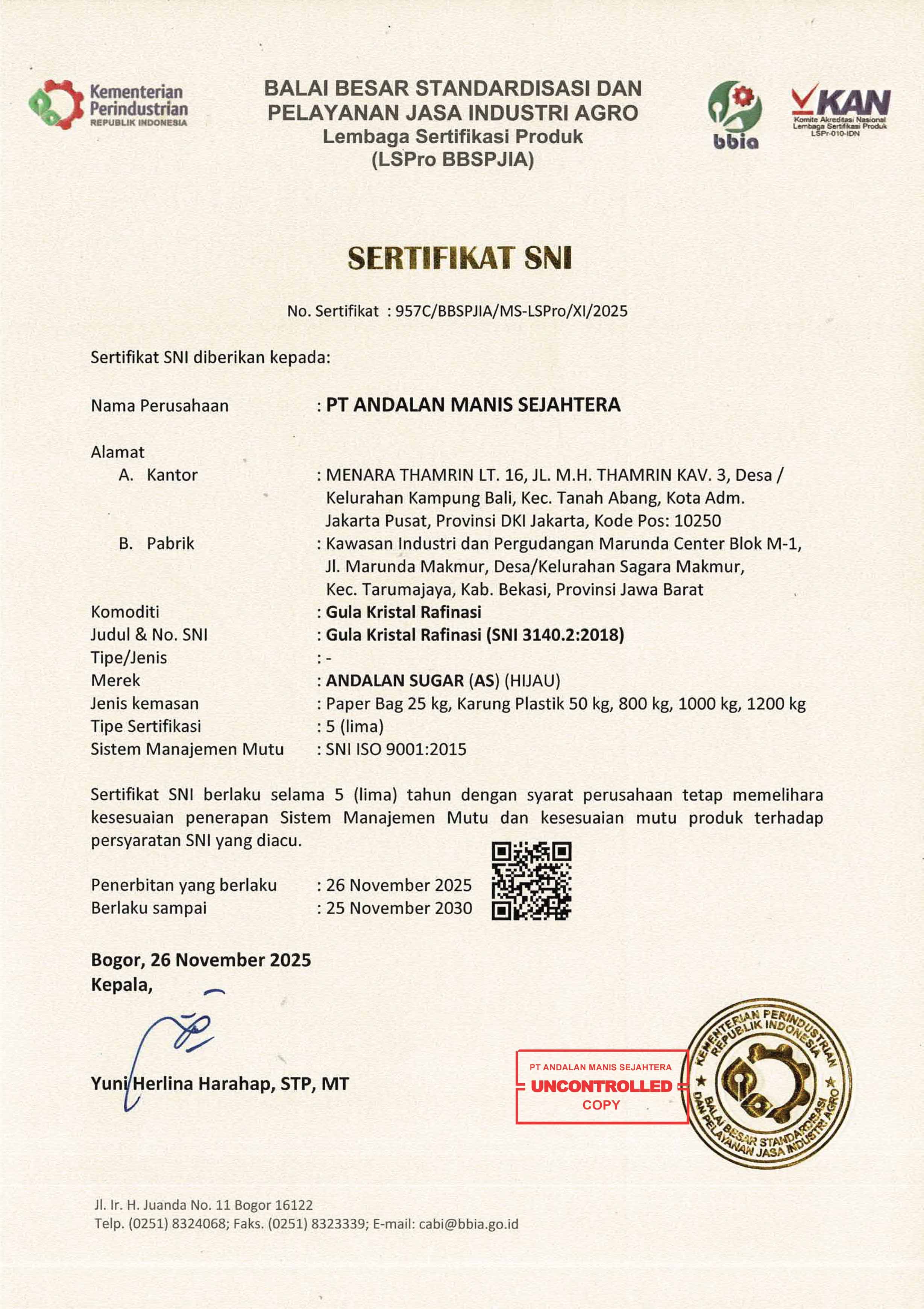Sertifikat SNI GKR Hijau - PT Andalan Manis Sejahtera