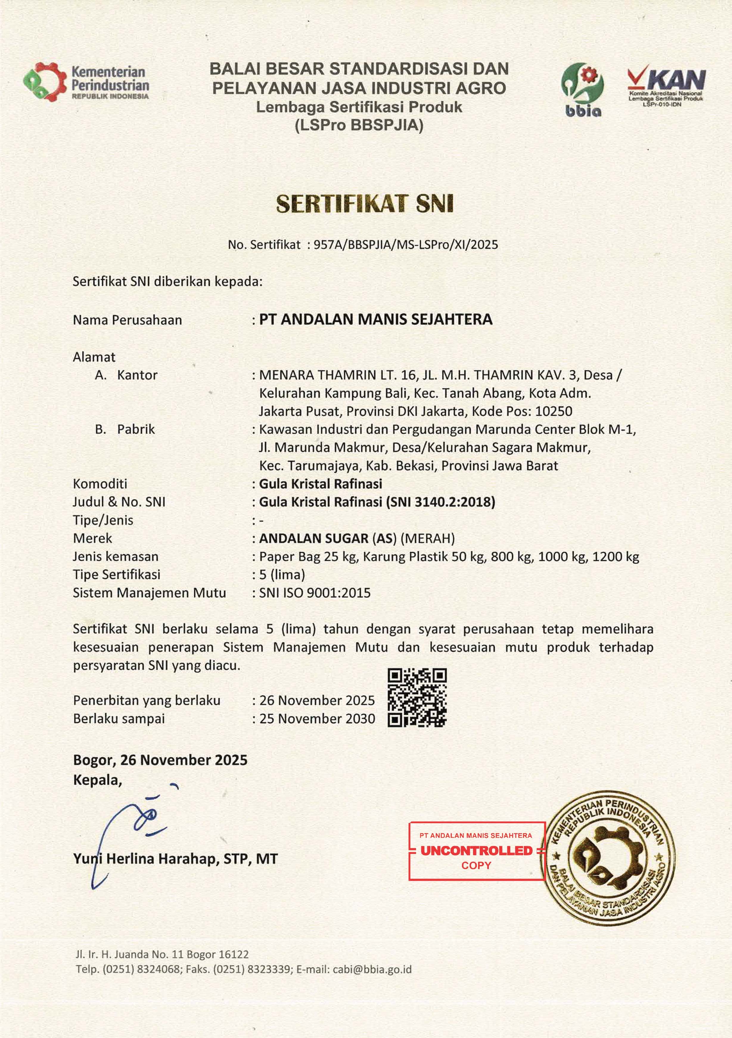 Sertifikat SNI GKR Merah - PT Andalan Manis Sejahtera