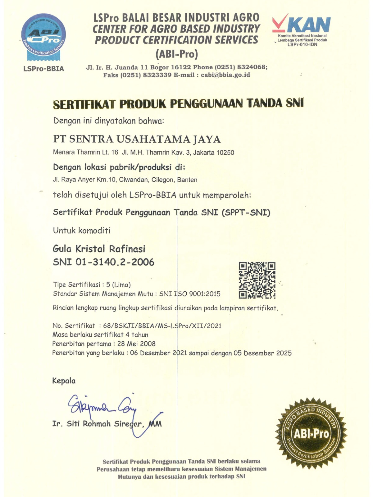 Sertifikat SPPT-SNI LSPRO-BBIA SNI - PT Sentra Usahatama Jaya