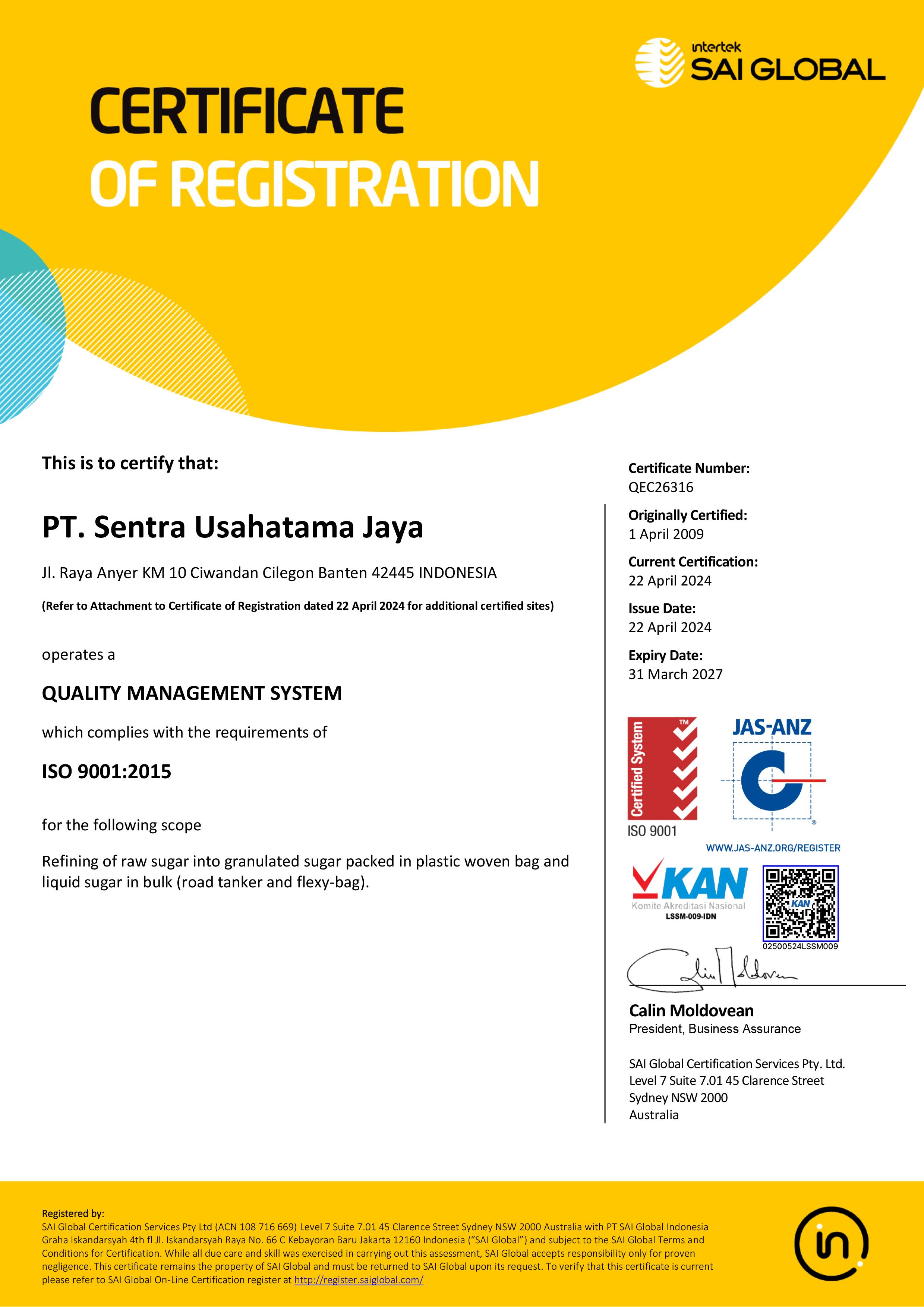 Sertifkat ISO9001 SAI-Global - PT Sentra Usahatama Jaya - 1