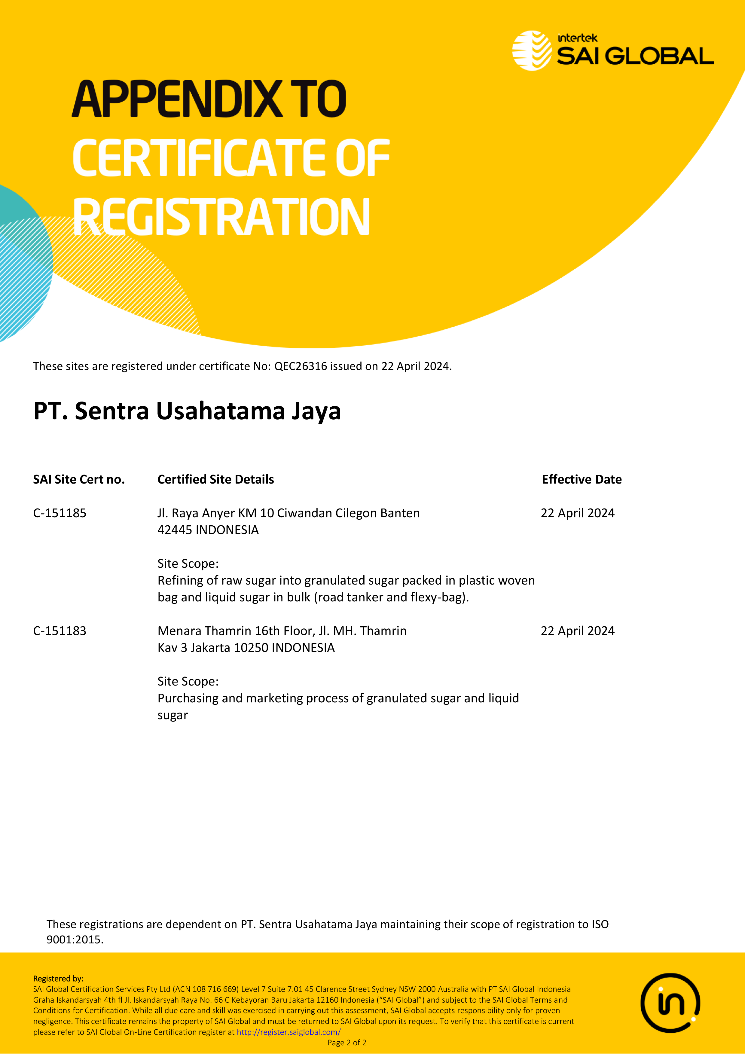 Sertifkat ISO9001 SAI-Global - PT Sentra Usahatama Jaya - 2