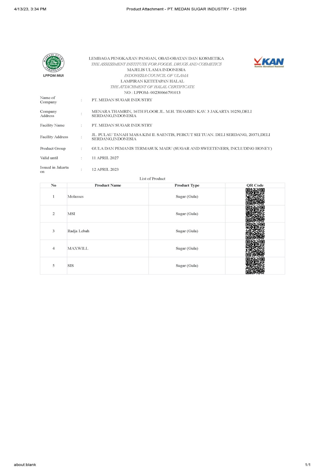 Sertfikat Izin QA SITE - Halal MUI Tahun 2023 - PT Medan Sugar Industry - 1